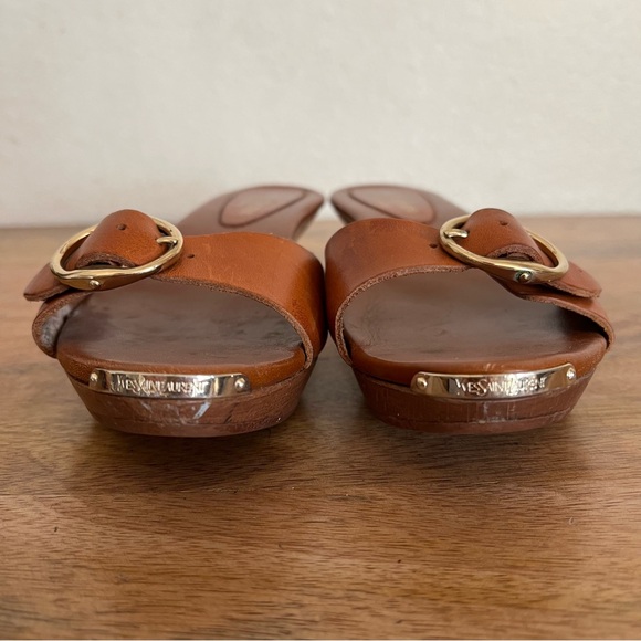 Yves Saint Laurent Rive Gauche Caliente wooden kitten heel sandals brown leather - Picture 4 of 16